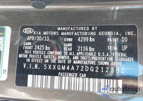 2013 Kia Optima Lx из США, поврежденный, VIN 5XXGM4A72DG212392